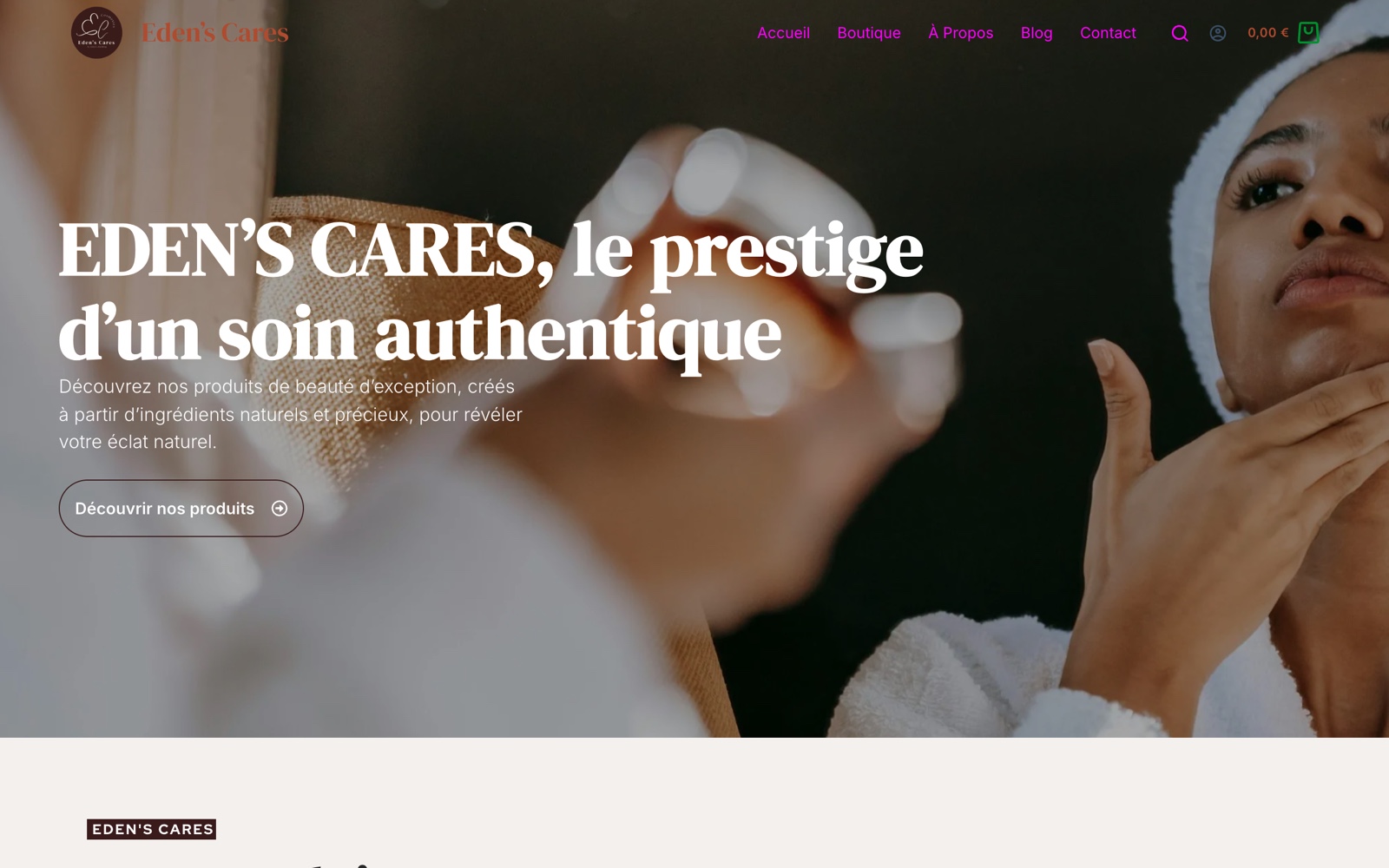 Page d'accueil de la boutique Eden's Cares