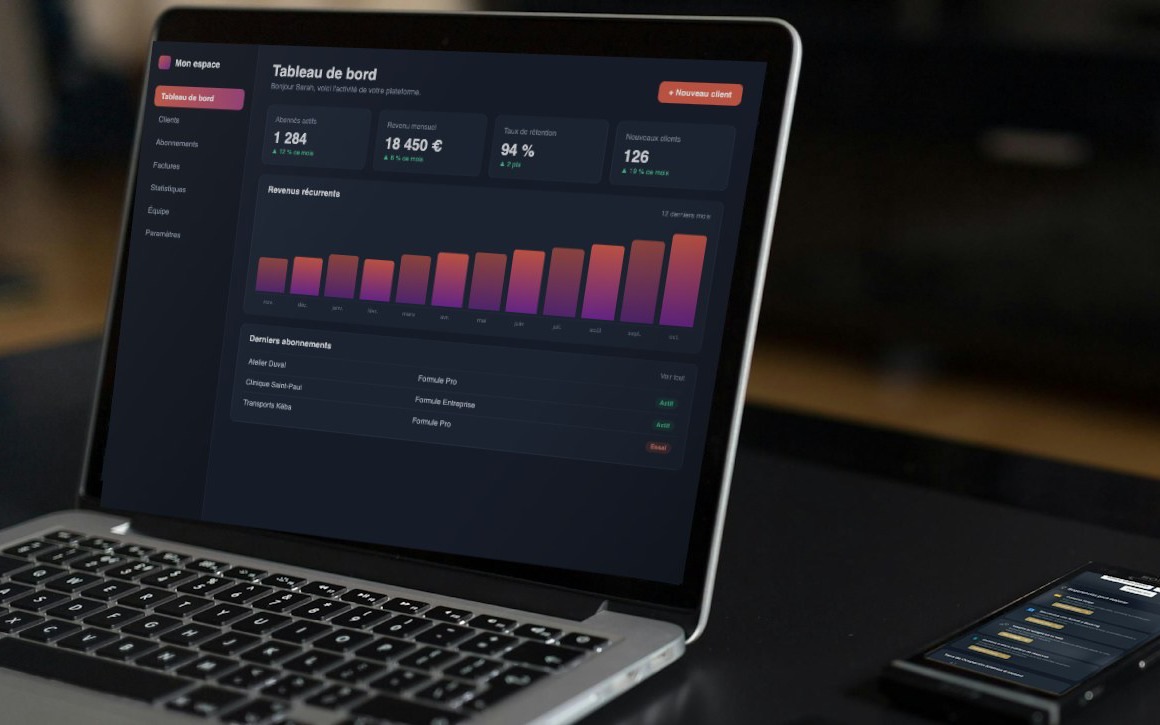 Tableau de bord d'une plateforme SaaS : abonnés, revenus récurrents et abonnements