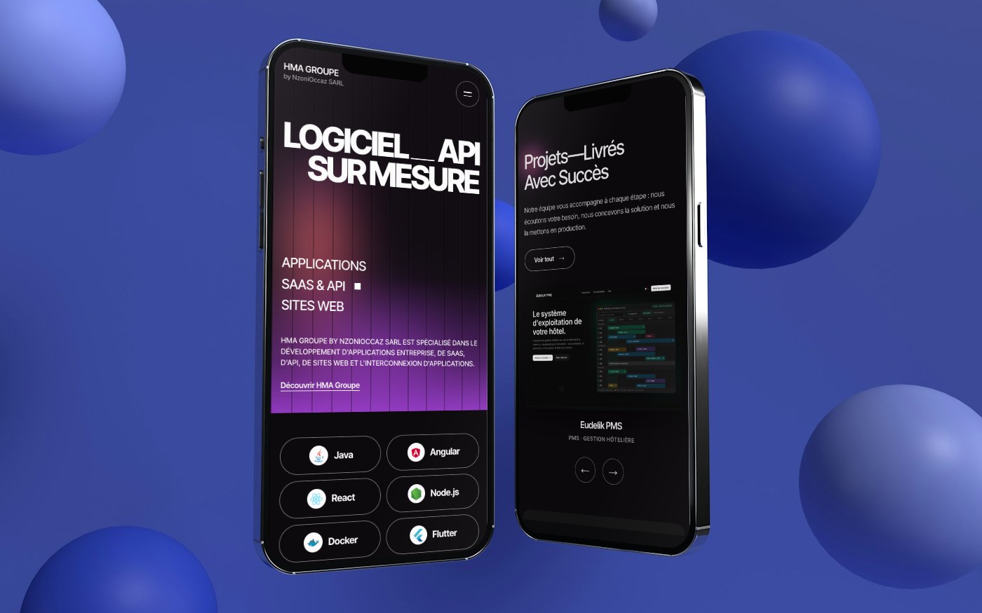 Deux smartphones affichant le site HMA GROUPE : l’accueil et les projets réalisés