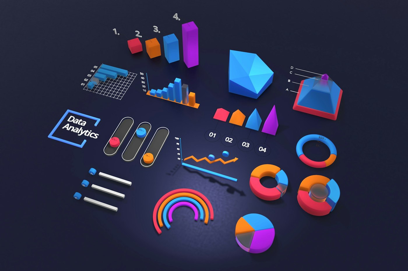 Graphiques de données en 3D aux tons violets